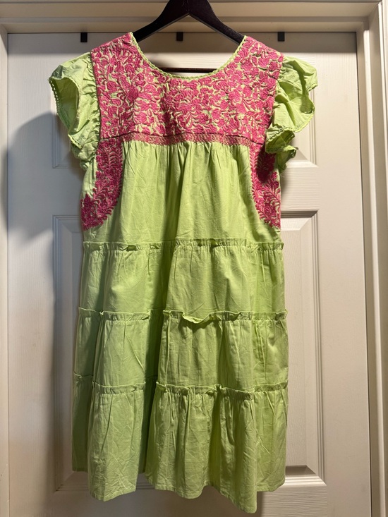 J.Marie Dresses & Skirts - J.Marie Lime Green Dress with Pink Embroidered Yoke Size Medium